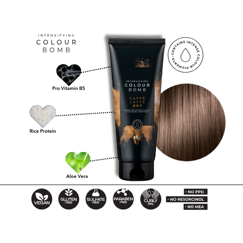Promotional graphic for IdHAIR's Colour Bomb in 'Caffe Latte 807' showing a black tube with golden coffee splash design against a white background. Key ingredients like Pro Vitamin B5, Rice Protein, and Aloe Vera are highlighted around the tube. The product boasts benefits such as vegan, gluten-free, sulfate-free, paraben-free, and suitability for curly hair, with no PPD, resorcinol, or MEA