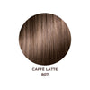 Close-up of the hair color provided by IdHAIR's Colour Bomb in 'Caffe Latte 807,' displaying a rich, multi-tonal brown hue with a glossy finish, encapsulated in a circular swatch against a white backdrop, with the product name and shade number below
