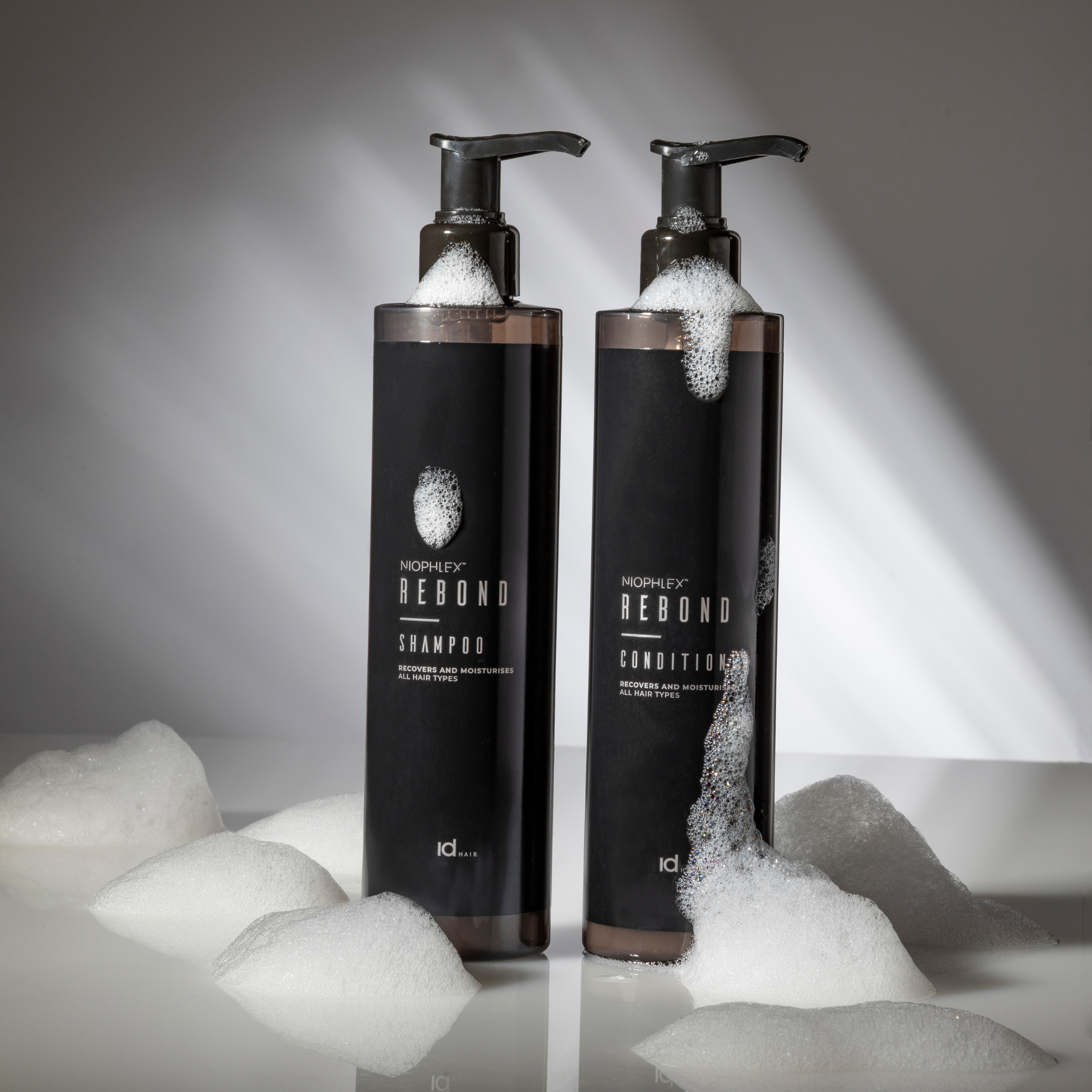 IdHAIR Niophlex Rebond Shampoo and Conditioner salon-size bottles with foam – vegan bond-building hair repair system